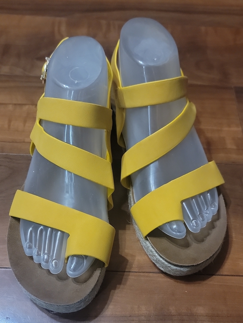 Women's Bright Yellow Strappy Wedge Sandals with Buckle